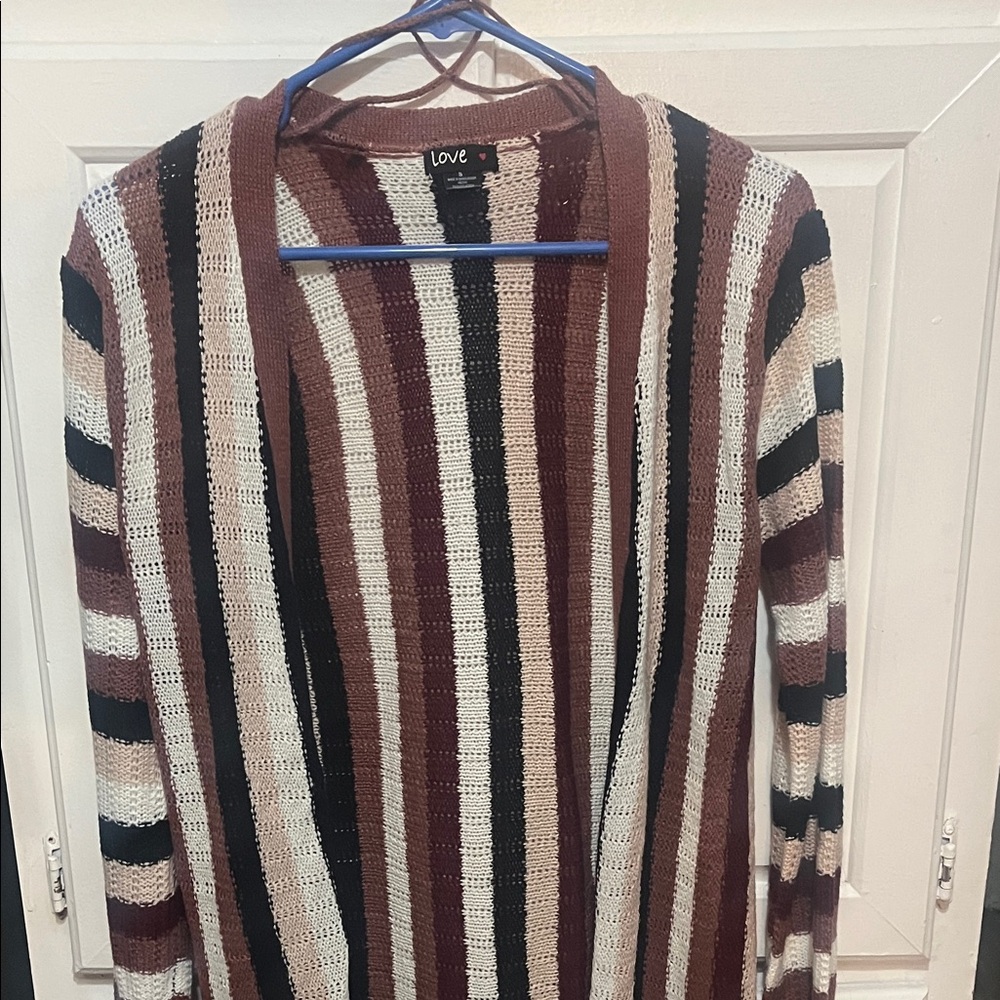 Love women’s Cardigan - Black, Brown, and Cream Stripes
